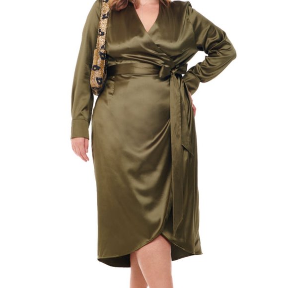 Never Fully Dressed Olive Green / Khaki Satin Wrap Dress - Size 8, Khaki - Picture 3 of 7